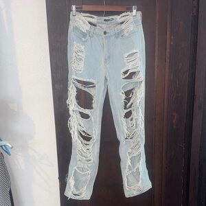 Fashion Nova Ripped Light Blue Straight Leg Jeans **SIZE 5**